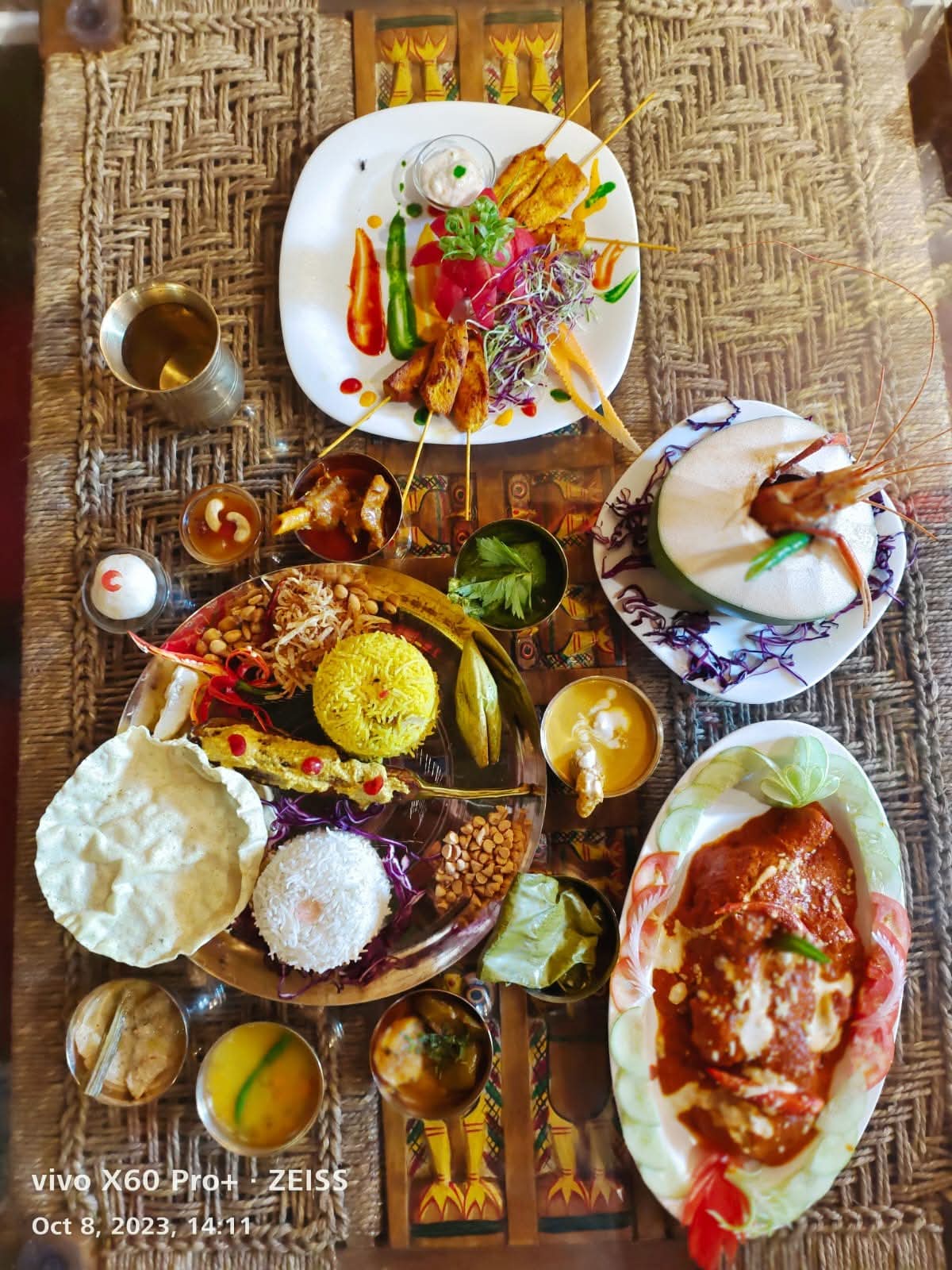 Coconut prawn, satay and thali seafood feast